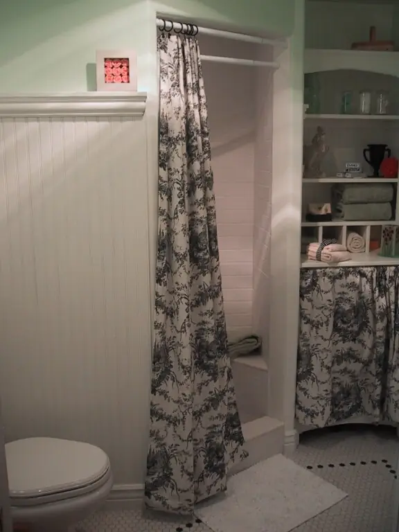 Beadboard bathroom with a toile shower curtain